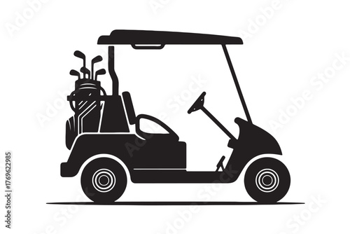 Silhouette of a golf cart with golf clubs in a bag, designed for transporting golfers and their equipment around a golf course, isolated on white background vector illustration