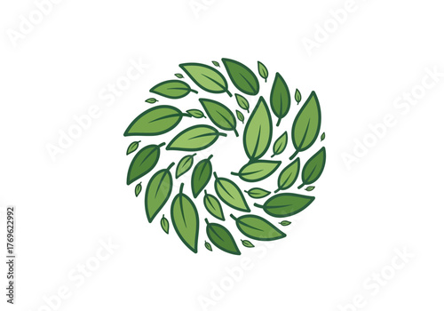 A circular design composed of numerous green leaves, creating a natural and organic wreath-like pattern on a white background.