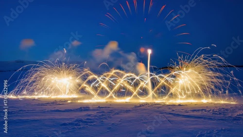 Mesmerizing sparkler display creates glowing arcs and trails across snowy landscape at twilight