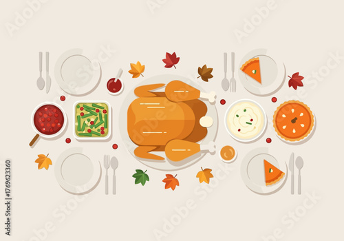 A top-down view of a Thanksgiving dinner table with a roasted turkey, side dishes, and pumpkin pies, set against a neutral background with scattered autumn leaves