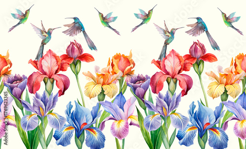 Fototapeta Naklejka Na Ścianę i Meble -  colorful spring flowers with hummingbirds beautiful arragement seamless pattern