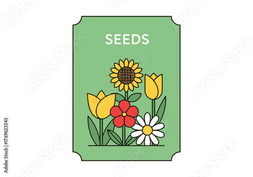 A green seed packet illustration featuring various colorful flowers, including sunflowers and tulips.