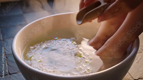 A hand pours salts from a wooden scoop into a foot spa, feet submerged. Vapor rises