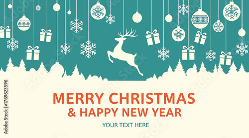 Merry christmas and happy new year greeting card with reindeer, christmas tree, gift, snowflake, and ornament on a teal background, perfect for spreading holiday cheer