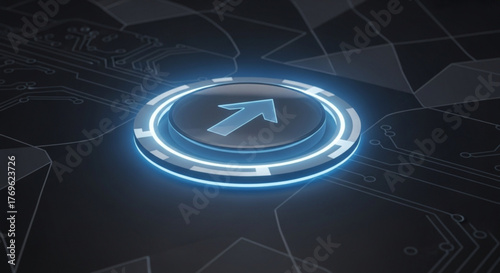 Illuminated up arrow button on a dark circuit board background design