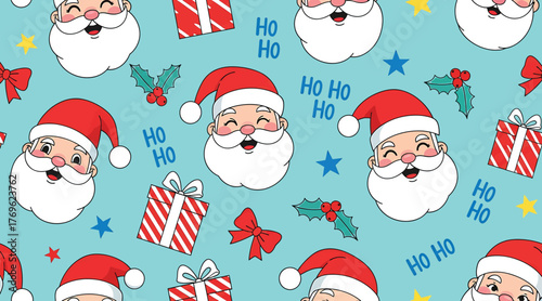 Seamless christmas pattern with santa claus, gift, bow, holly, star, and ho ho ho on a blue background, perfect for adding a festive touch to your holiday designs