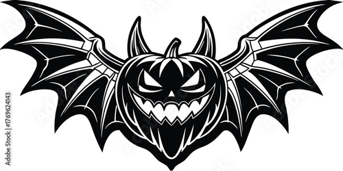 Halloween vector illustration featuring a grinning pumpkin with bat wings, spooky jack-o’-lantern character, scary holiday design, perfect for Halloween party, poster, and decoration themes