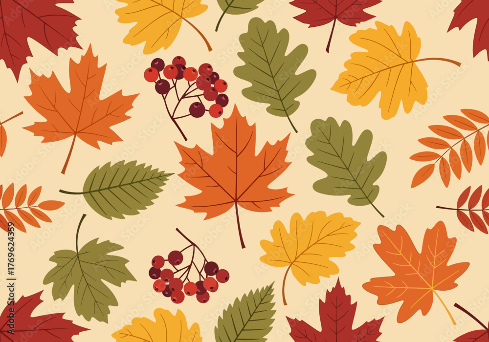 Fototapeta premium A vibrant and colorful illustration of autumn leaves and berries scattered across a light beige background.