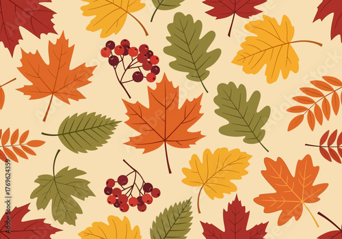 A vibrant and colorful illustration of autumn leaves and berries scattered across a light beige background.