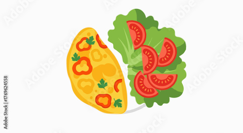 A flat-style illustration of a bright omelet composition with bell pepper and parsley served with fresh tomato slices on a salad, ideal for a breakfast or brunch menu.