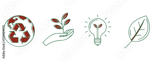 Eco and Green Energy Line Illustration with Leaf and Recycle Icons