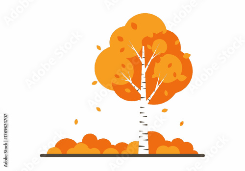 Autumn tree with fallen leaves, a birch tree with orange foliage and a carpet of fallen leaves on the ground, rendered in a clean, modern illustration style