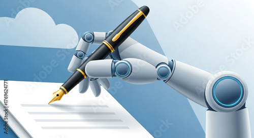 Robot hand writing with a fountain pen on paper, artificial intelligence