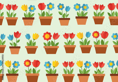 A repeating pattern of colorful potted flowers including red tulips, yellow, and blue blossoms in a flat vector illustration style.