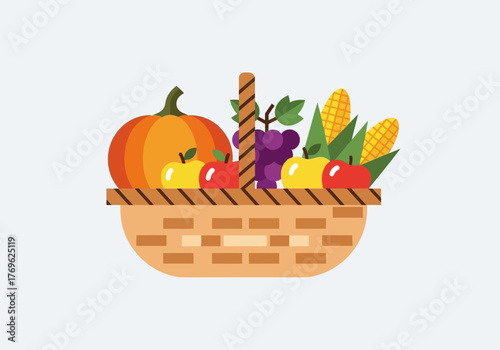 A woven basket overflowing with a colorful assortment of autumn harvest fruits and vegetables.