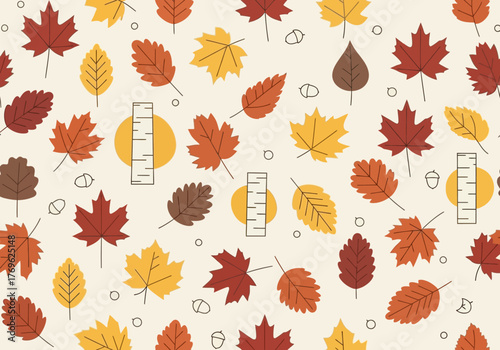 Seamless autumn pattern with colorful fall leaves, acorns, and rulers on a light background, in a flat graphic style.
