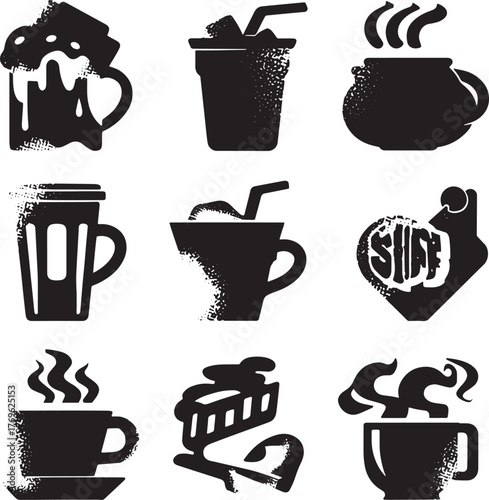 Assorted Beverages and Food Icons in Black Silhouette Vector Illustration