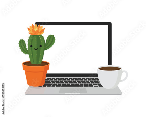 Cute cactus with laptop and coffee mug for creative work lifestyle