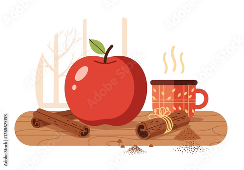 Illustration of a red apple, cinnamon sticks, and a mug of hot drink on a wooden board.