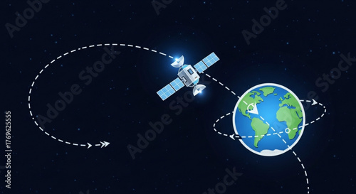 Illustration of a satellite orbiting the earth with stars in the background