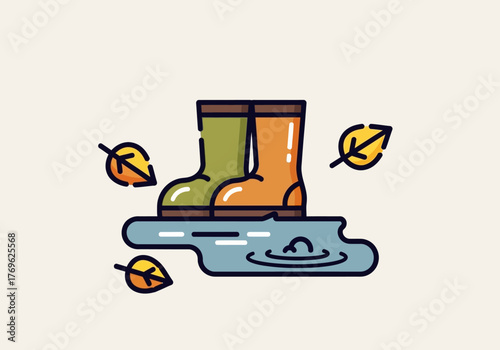 Colorful rain boots standing in a puddle with autumn leaves, flat design illustration.