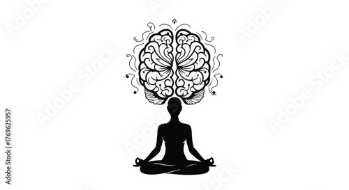 Silhouette of person meditating with brain above head in lotus position on white background