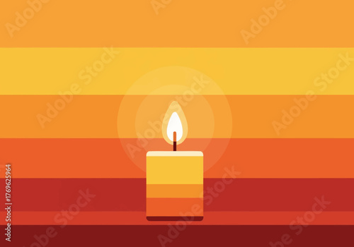 A single lit candle glows warmly against a backdrop of horizontal orange and red stripes.