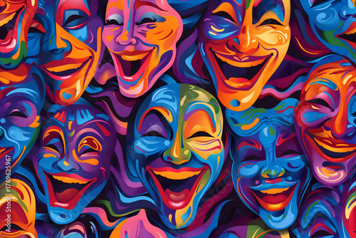 Abstract Seamless Painting of Carnival Faces, Colorful Artistic Texture