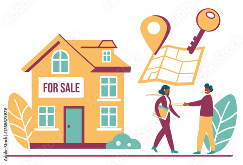 Real Estate and Property for Sale Illustration with Location and Key Icon