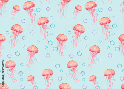 jellyfish light blue bubbles seamless pattern