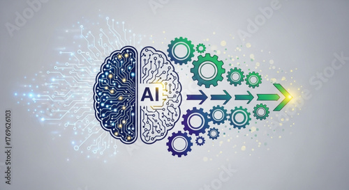 Artificial intelligence brain with gears and data flow, machine learning concept