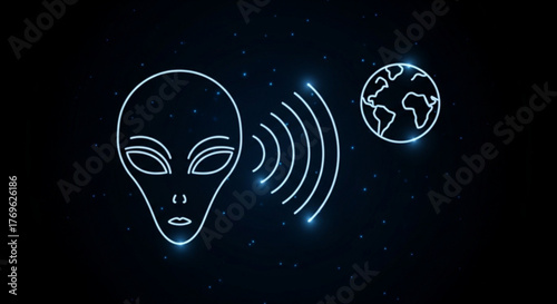 Alien face sending signals to earth illustration on a dark cosmic background