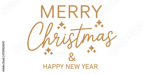 Gold "Merry Christmas & Happy New Year" greeting in elegant script and bold text with star accents, ideal for festive cards and celebration design