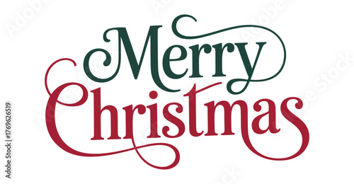 Elegant "Merry Christmas" decorative text in festive red and green script with flourishes, perfect for holiday greeting and celebration themes