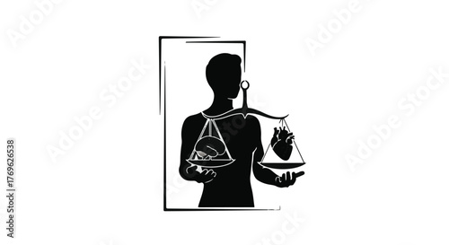 Silhouette of person holding scales with brain and heart in black and white illustration