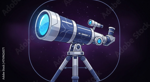 Cartoon telescope illustration against a cosmic background with stars