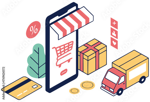 Online Shopping and Delivery Illustration for E-Commerce Concept Design