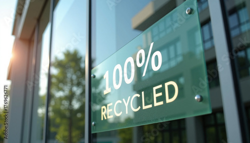 100% recycled label on glass facade of office building embodies green business practices. 100% recycled initiative aims to promote environmental responsibility and sustainable corporate ethos,
