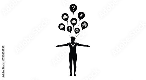 Silhouette of person with balloons representing thoughts and ideas on a white background