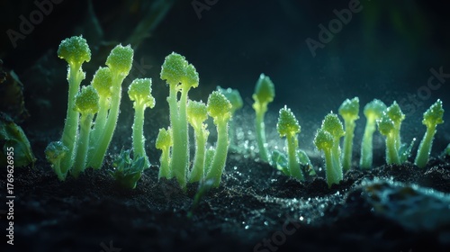 Young green broccoli florets emerging from dark fertile soil