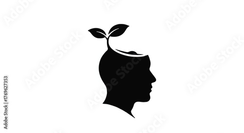 Silhouette of a head with a sprout growing out of it against a white background in a minimalist style