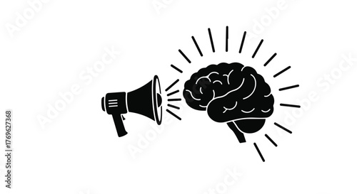 A black and white illustration of a megaphone projecting towards a human brain outline