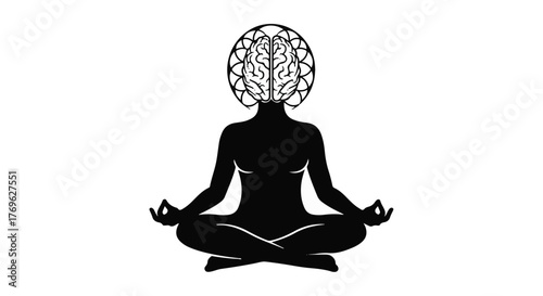 Silhouette of meditating figure with brain head and lotus flower halo in black and white
