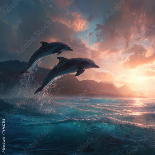 Dynamic Dolphin Leap: Mammal Jumping Out of the Ocean at Sunset.