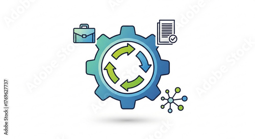 Workflow automation process with gear, briefcase, document, and network icons