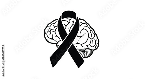 A black ribbon overlaid on a stylized brain illustration on a plain white background design element