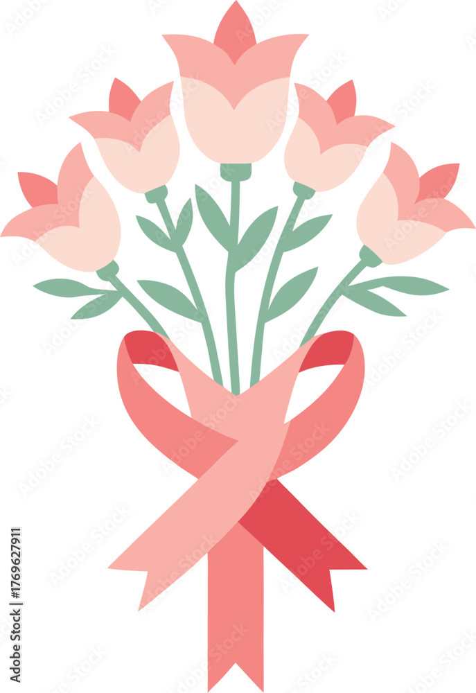 Obraz premium Elegant bouquet of five pink tulips tied with decorative ribbon symbol of appreciation