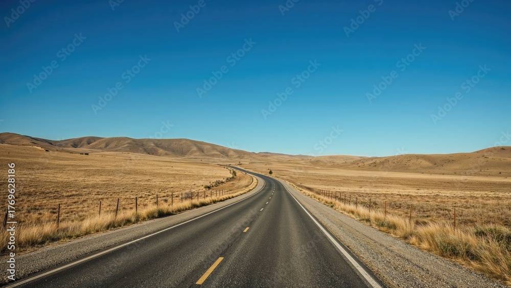 Fototapeta premium Country road across the steppe with open landscape and blue sky.