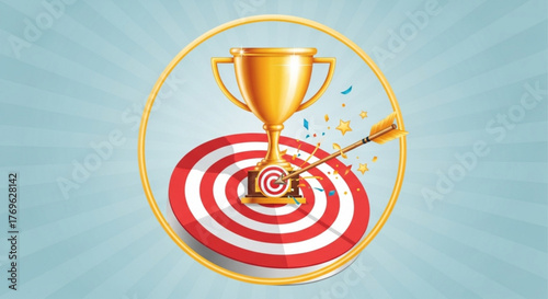 Golden trophy on a target with an arrow, symbolizing achievement and success