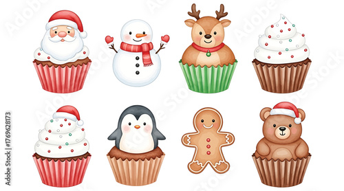 Delightful christmas cupcake collection, featuring santa claus, snowman, reindeer, penguin, gingerbread man, and bear designs, perfect for holiday treats
